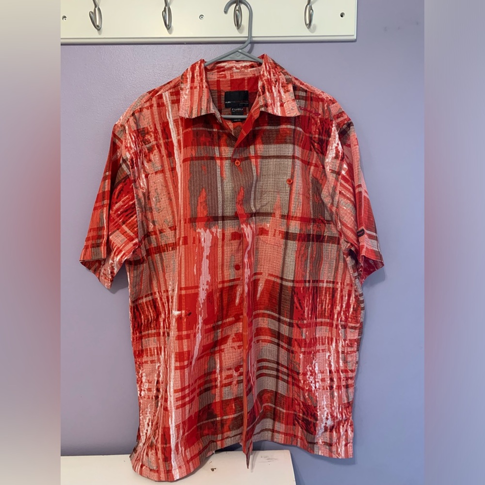 Vintage FUBU the Collection Red pattern button down shirt short sleeve Large